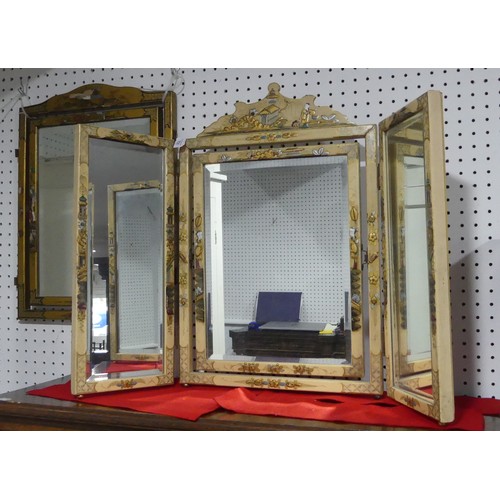 721 - An antique style Chinese inspired triptych folding dressing table Mirror, with three bevelled mirror... 