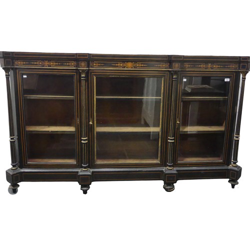 705 - A large Victorian ebonised and walnut banded breakfront Credenza, shaped top above detailed inlaid f... 