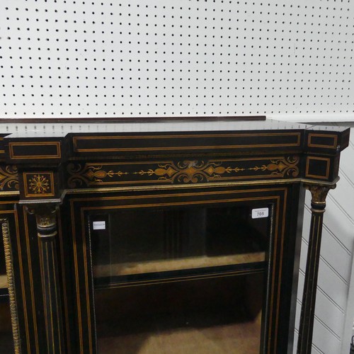 705 - A large Victorian ebonised and walnut banded breakfront Credenza, shaped top above detailed inlaid f... 