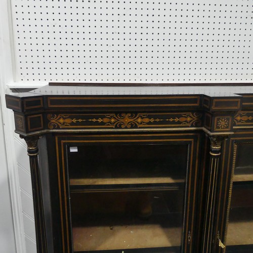 705 - A large Victorian ebonised and walnut banded breakfront Credenza, shaped top above detailed inlaid f... 