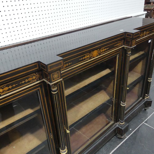 705 - A large Victorian ebonised and walnut banded breakfront Credenza, shaped top above detailed inlaid f... 