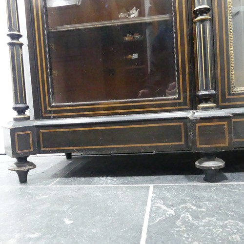 705 - A large Victorian ebonised and walnut banded breakfront Credenza, shaped top above detailed inlaid f... 