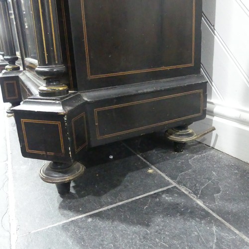 705 - A large Victorian ebonised and walnut banded breakfront Credenza, shaped top above detailed inlaid f... 