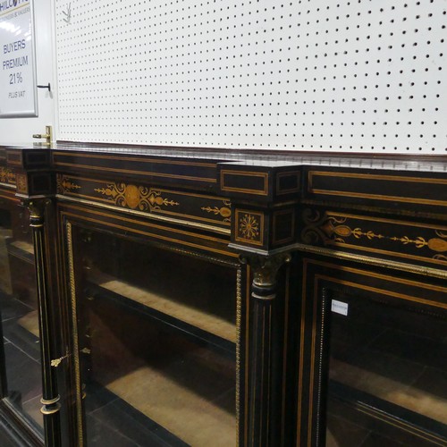 705 - A large Victorian ebonised and walnut banded breakfront Credenza, shaped top above detailed inlaid f... 