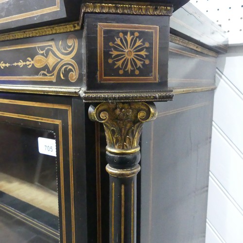 705 - A large Victorian ebonised and walnut banded breakfront Credenza, shaped top above detailed inlaid f... 