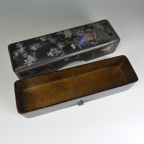 106 - An antique Japanese lacquer Scholar's Box, decorated heavily with mother of pearl inlays depicting c... 