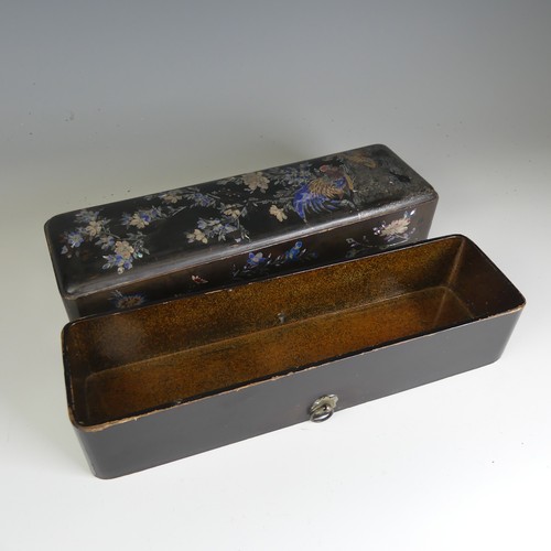 106 - An antique Japanese lacquer Scholar's Box, decorated heavily with mother of pearl inlays depicting c... 