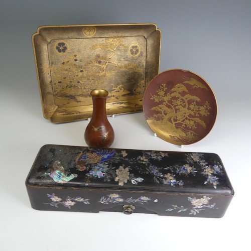 106 - An antique Japanese lacquer Scholar's Box, decorated heavily with mother of pearl inlays depicting c... 