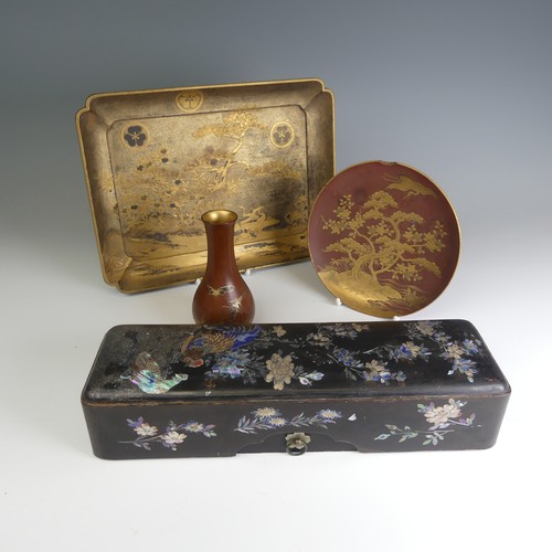 106 - An antique Japanese lacquer Scholar's Box, decorated heavily with mother of pearl inlays depicting c... 