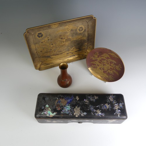 106 - An antique Japanese lacquer Scholar's Box, decorated heavily with mother of pearl inlays depicting c... 