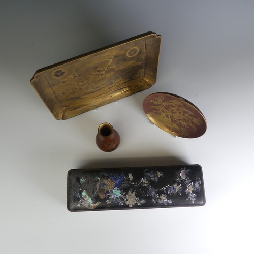 106 - An antique Japanese lacquer Scholar's Box, decorated heavily with mother of pearl inlays depicting c... 