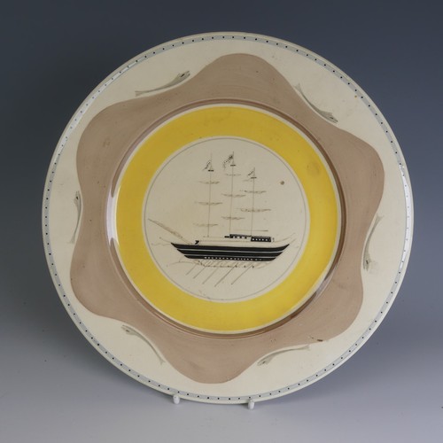 219 - A Susie Cooper Productions Plate, painted with a clipper boat, in within a bright yellow band and a ... 