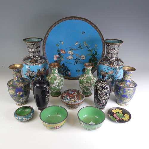 107 - A quantity of Asian cloisonne Wares, to comprise a pair of shouldered foliate Vases, H 15cm, togethe... 