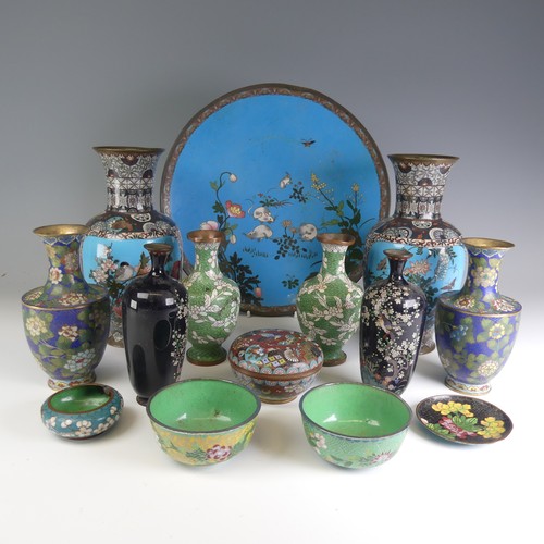 107 - A quantity of Asian cloisonne Wares, to comprise a pair of shouldered foliate Vases, H 15cm, togethe... 