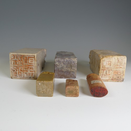 15 - A small quantity of Chinese soapstone Seals, to comprise three of large size, each with Foo Dog fini... 