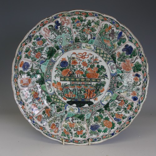 16 - An 18thC Chinese famille verte Plate, of large proportions, decorated with central flower basket mot... 