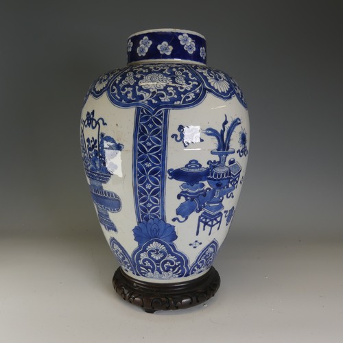 18 - A large 18thC Chinese porcelain blue and white Ginger Jar, the body decorated with four alternating ... 