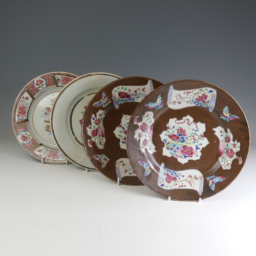 27 - A pair of mid 18thC Chinese Cafe-au-lait famille rose Plates, each decorated with overpainted brown-... 