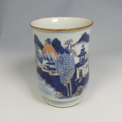 43 - A 19thC Chinese porcelain baluster Mug, of blue and white underglaze decoration and overglaze gilt, ... 