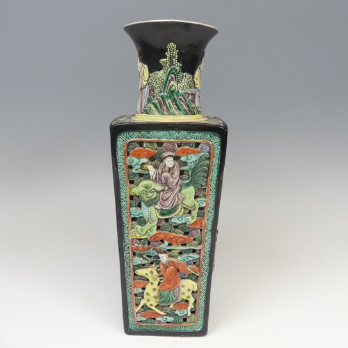 47 - An antique Chinese famille verte biscuit Vase, of tapering square with flared rim, restored, profuse... 