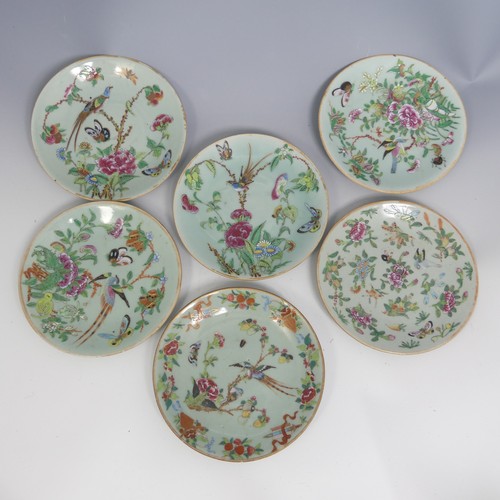 62 - A small quantity of 19thC Chinese famille rose celadon Plates, each decorated in the typical style, ... 