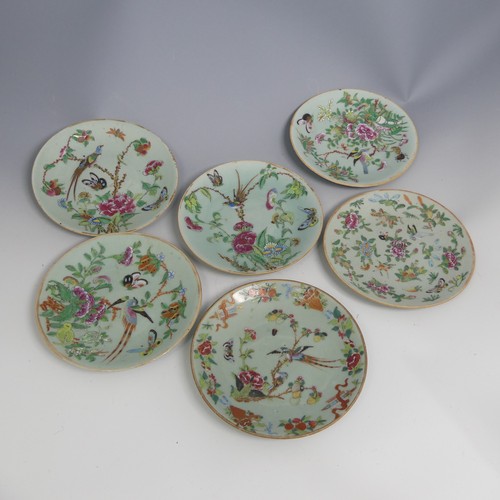 62 - A small quantity of 19thC Chinese famille rose celadon Plates, each decorated in the typical style, ... 