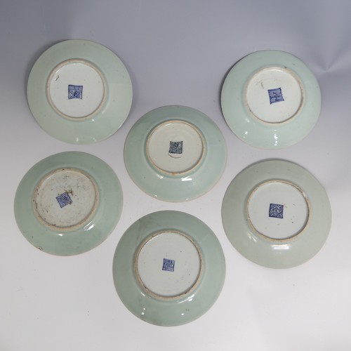 62 - A small quantity of 19thC Chinese famille rose celadon Plates, each decorated in the typical style, ... 