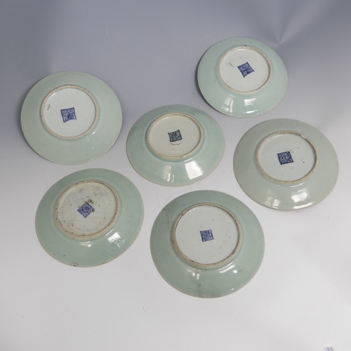 62 - A small quantity of 19thC Chinese famille rose celadon Plates, each decorated in the typical style, ... 