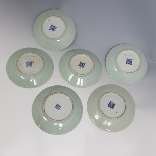 62 - A small quantity of 19thC Chinese famille rose celadon Plates, each decorated in the typical style, ... 