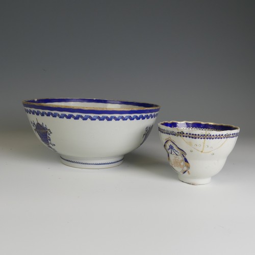 63 - An 18thC Chinese export porcelain Bowl, with blue and gilt banding and central urn motif, cracked an... 