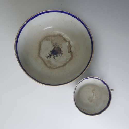 63 - An 18thC Chinese export porcelain Bowl, with blue and gilt banding and central urn motif, cracked an... 