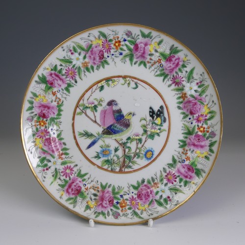 65 - A 19thC Chinese porcelain canton rose Plate, decorated with flora and fauna, D 19.5cm, together with... 