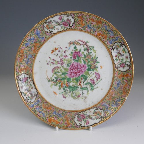 65 - A 19thC Chinese porcelain canton rose Plate, decorated with flora and fauna, D 19.5cm, together with... 