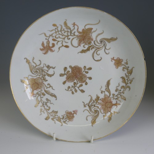 66 - An unusual 19thC Chinese export porcelain Plate, the plain ground with gilded foliate representation... 