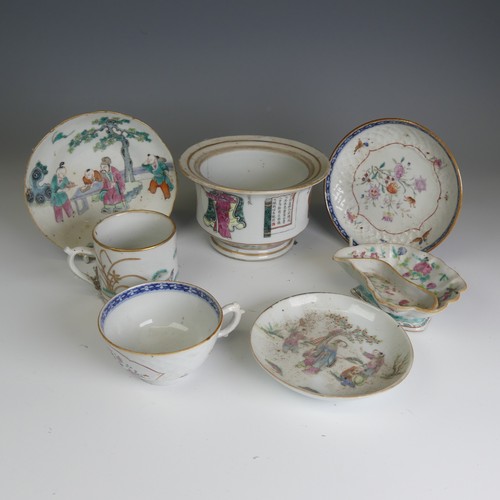 68 - A 19thC Chinese porcelain Cup and Saucer, of moulded form with overpainted decoration, together with... 