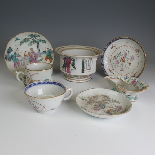 68 - A 19thC Chinese porcelain Cup and Saucer, of moulded form with overpainted decoration, together with... 