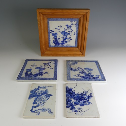 77 - A matched set of three antique Chinese porcelain blue and white Tiles, each depicting exotic birds a... 