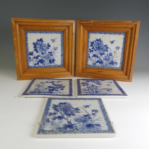 78 - A matched set of 19thC Chinese blue and white porcelain Tiles, each one depicting a bird amongst fol... 