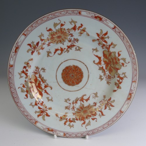 82 - A matched of 18thC Chinese export porcelain Plates, decorated in iron red flora, D 22cm, together wi... 