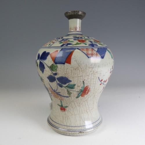 91 - An antique Chinese Wucai porcelain Vase, of baluster form and slender neck, with antique repair, cra... 