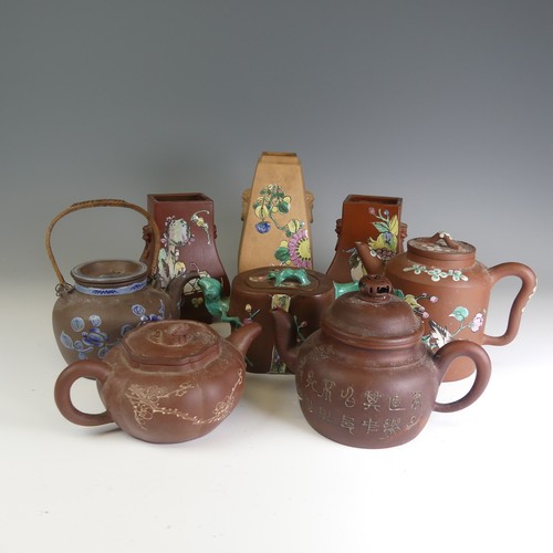 93 - An early 20thC Chinese Yixing pottery Teapot, decorated overglaze in colourful enamels with four cha... 