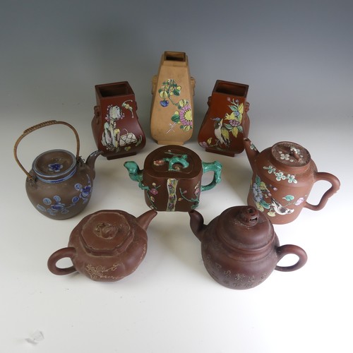 93 - An early 20thC Chinese Yixing pottery Teapot, decorated overglaze in colourful enamels with four cha... 