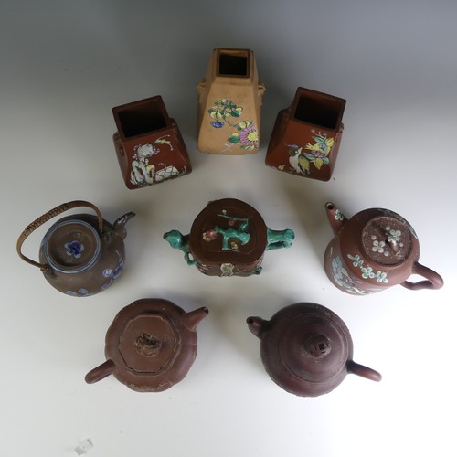 93 - An early 20thC Chinese Yixing pottery Teapot, decorated overglaze in colourful enamels with four cha... 