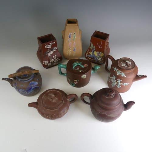 93 - An early 20thC Chinese Yixing pottery Teapot, decorated overglaze in colourful enamels with four cha... 