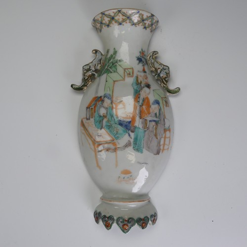 98 - A 19thC Chinese famille verte porcelain Wall Vase, of baluster form, decorated in enamels depicting ... 