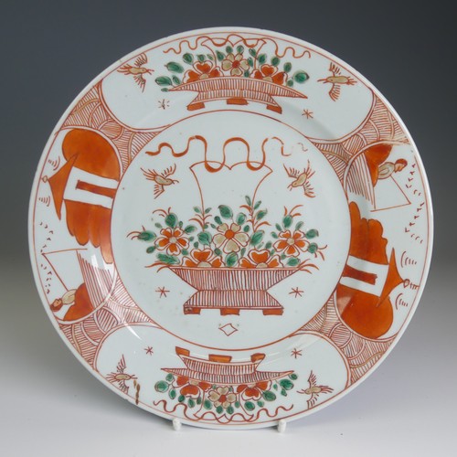 99 - A pair of 18thC Chinese export porcelain Plates, decorated in a Japanese style with iron red and gre... 