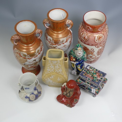 122 - A quantity of decorative Japanese and Chinese Ceramics, to comprise three Kutani Vases, a pair of in... 