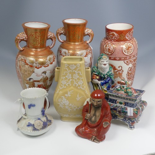 122 - A quantity of decorative Japanese and Chinese Ceramics, to comprise three Kutani Vases, a pair of in... 