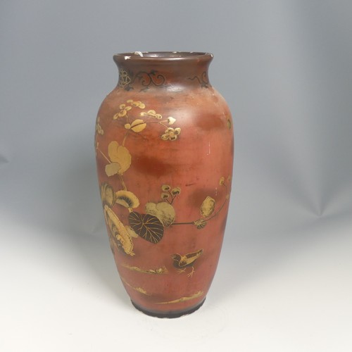 123 - A large 19thC Japanese lacquered Vase, with gilded decorations of exotic birds and cherry blossom in... 