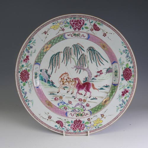 180 - A 19thC Chinese famille rose porcelain Charger, decorated in colourful enamels with equestrian scene... 